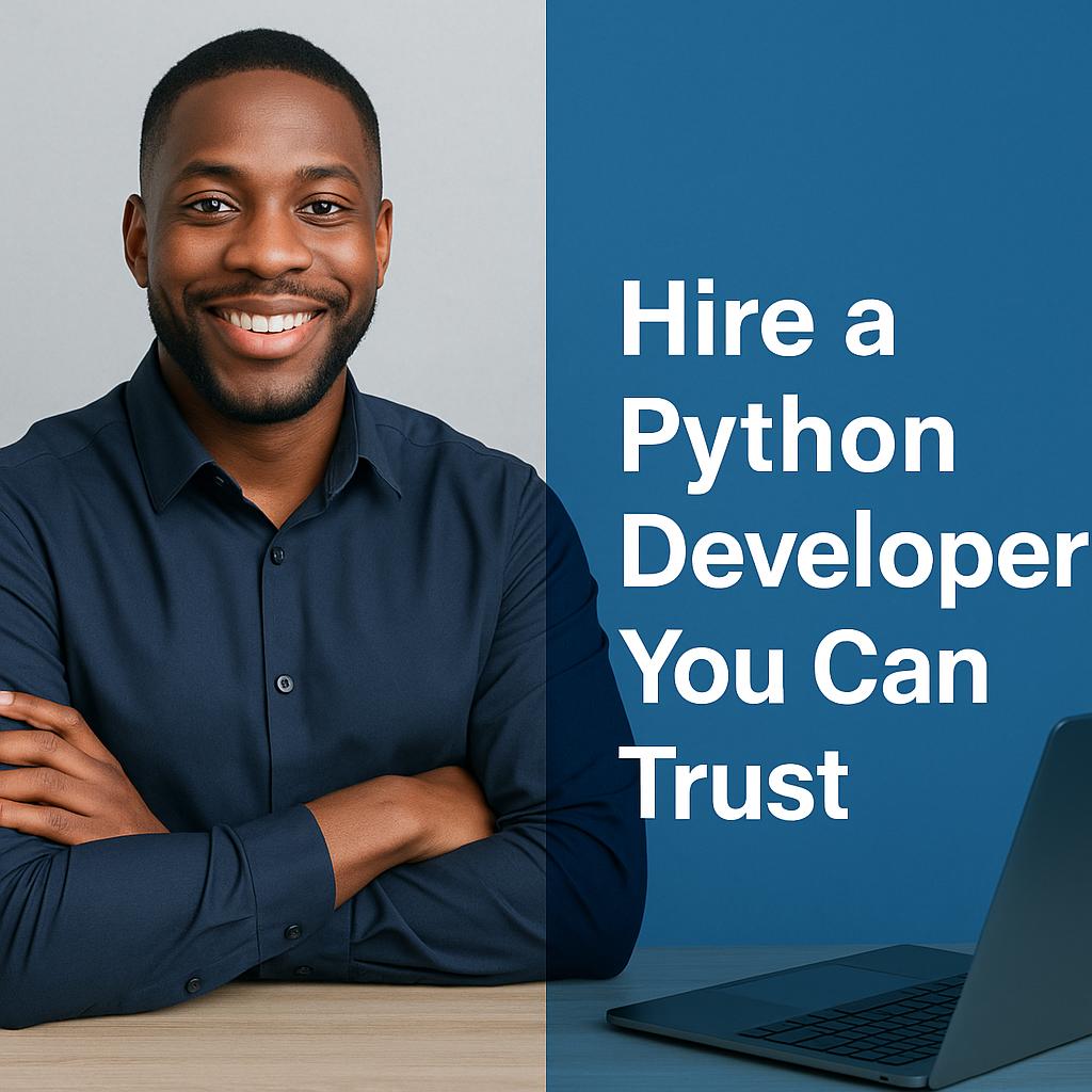Creative professional portrait of a confident Python developer in smart casual attire, smiling in front of a laptop with subtle blue code background and text overlay saying ‘Hire a Python Developer You Can Trust.’